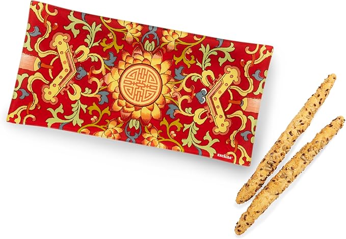 La Via della Seta Vassoio Rettangolare in Vetro, Decorato con Motivo Orientale Rosso e Oro - immagine 3