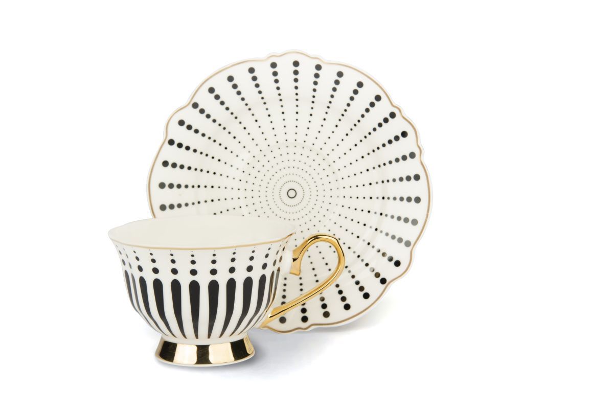 Set 4 tazze con piattino, bianco, porcellana, bordo oro - immagine 4