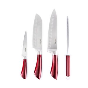 4 coltelli manico rosso, acciaio inox, con affilacoltelli