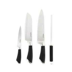 4 coltelli manico nero, acciaio inox, con affilacoltelli