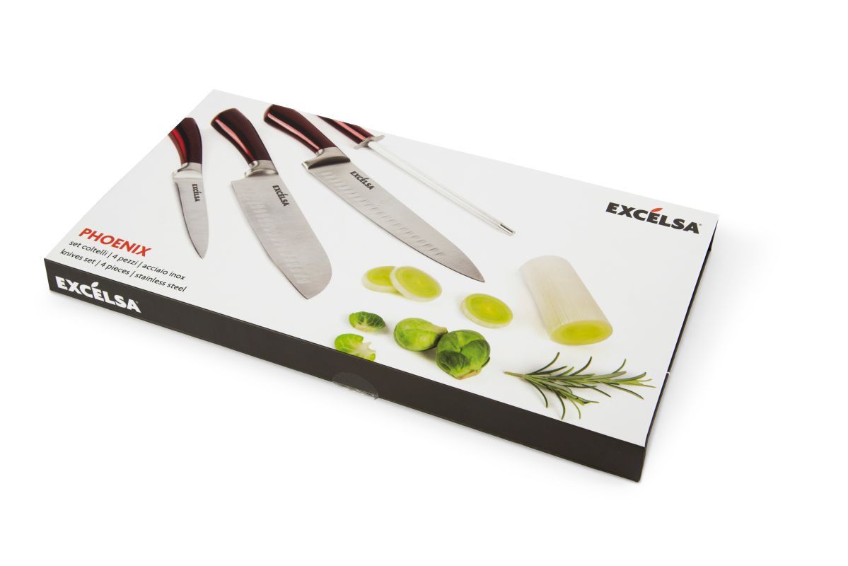 4 coltelli manico rosso, acciaio inox, con affilacoltelli - immagine 3